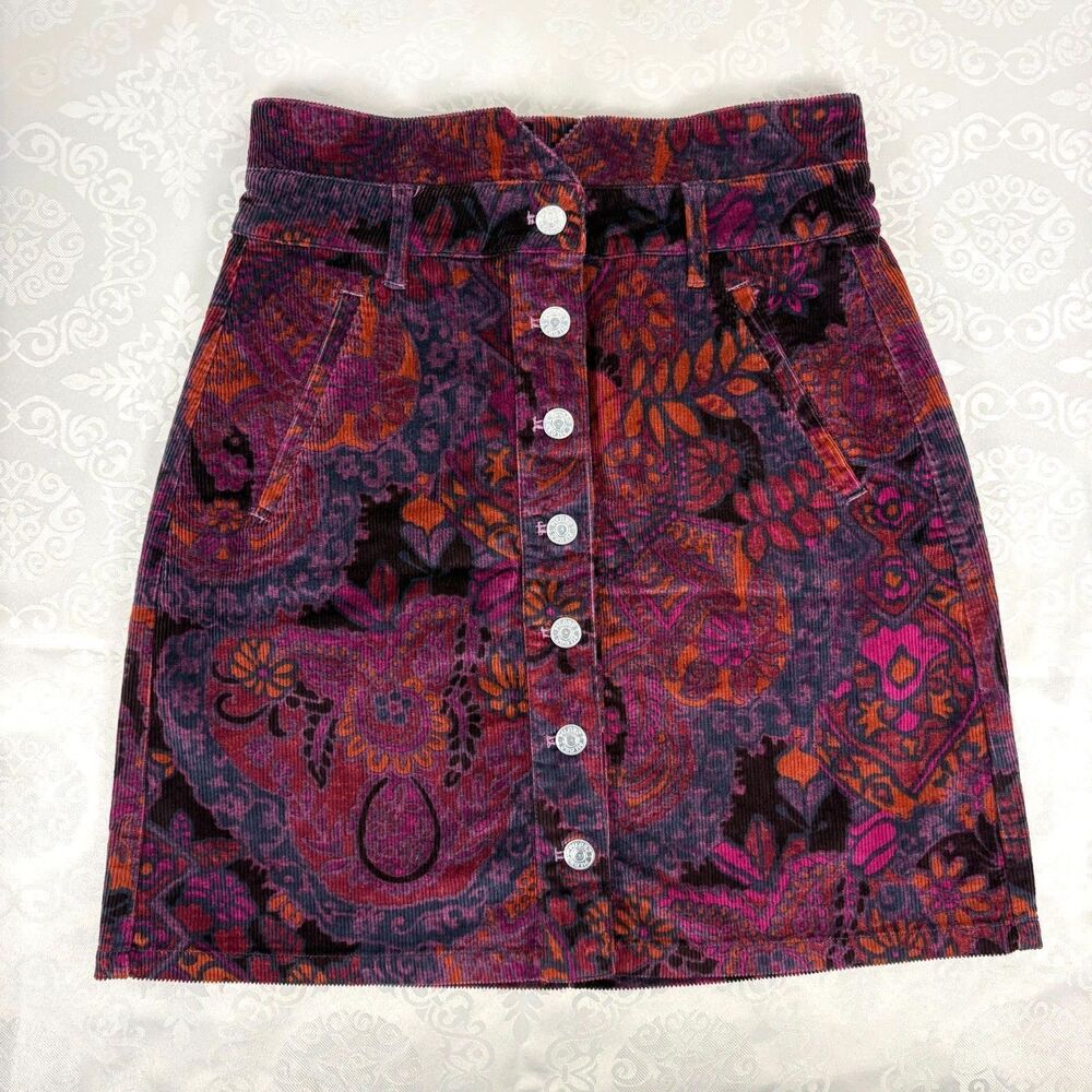 Pilcro Mini Skirt Corduroy Floral Jewel Tones Cotton Blend Retro 70s Boho Size 2